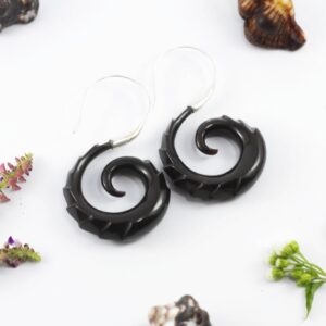 Black tribal spiral earrings bone carved